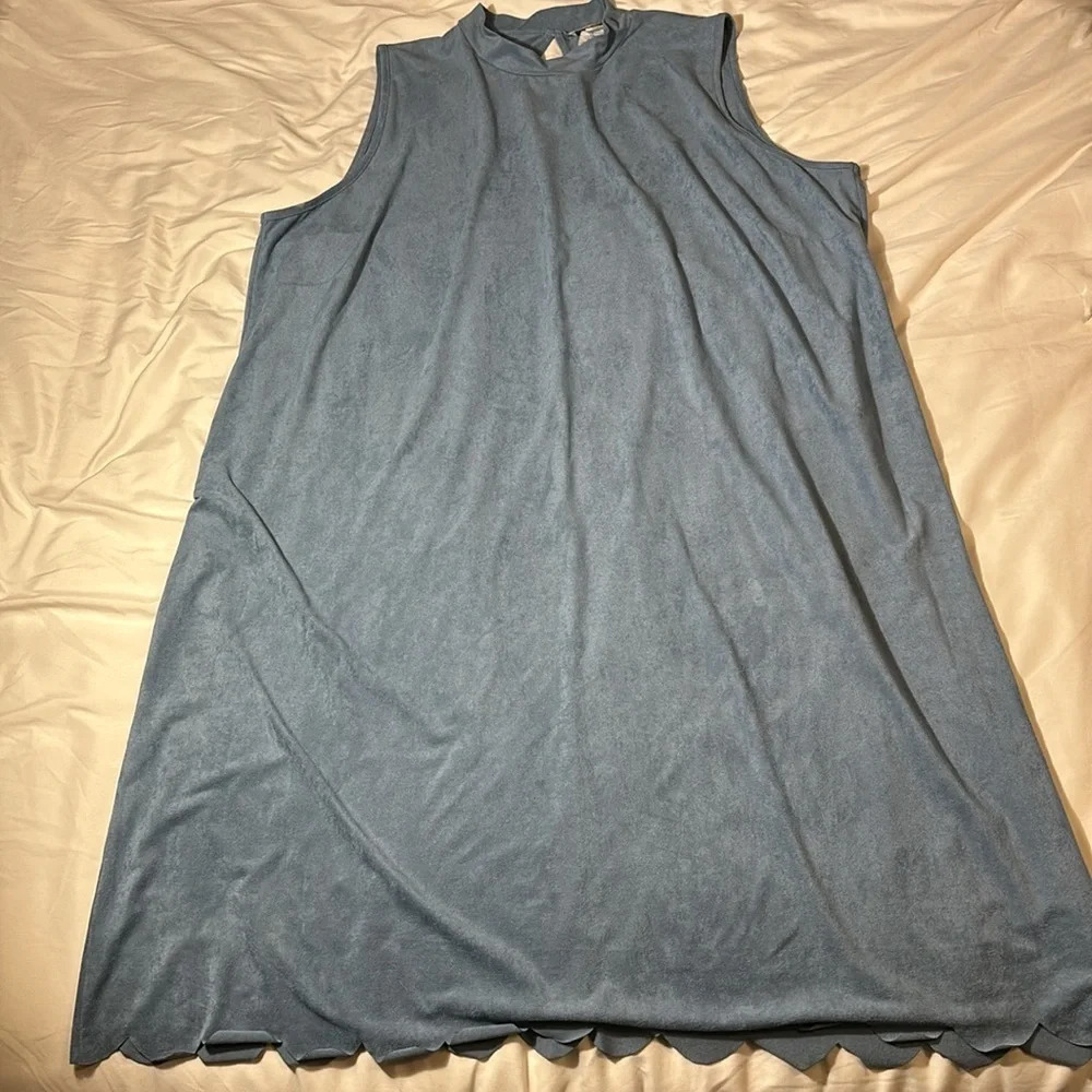 Dusty Blue Mock Neck, Scalloped, Suede, Midi Dress size 3X - Picture 9 of 11